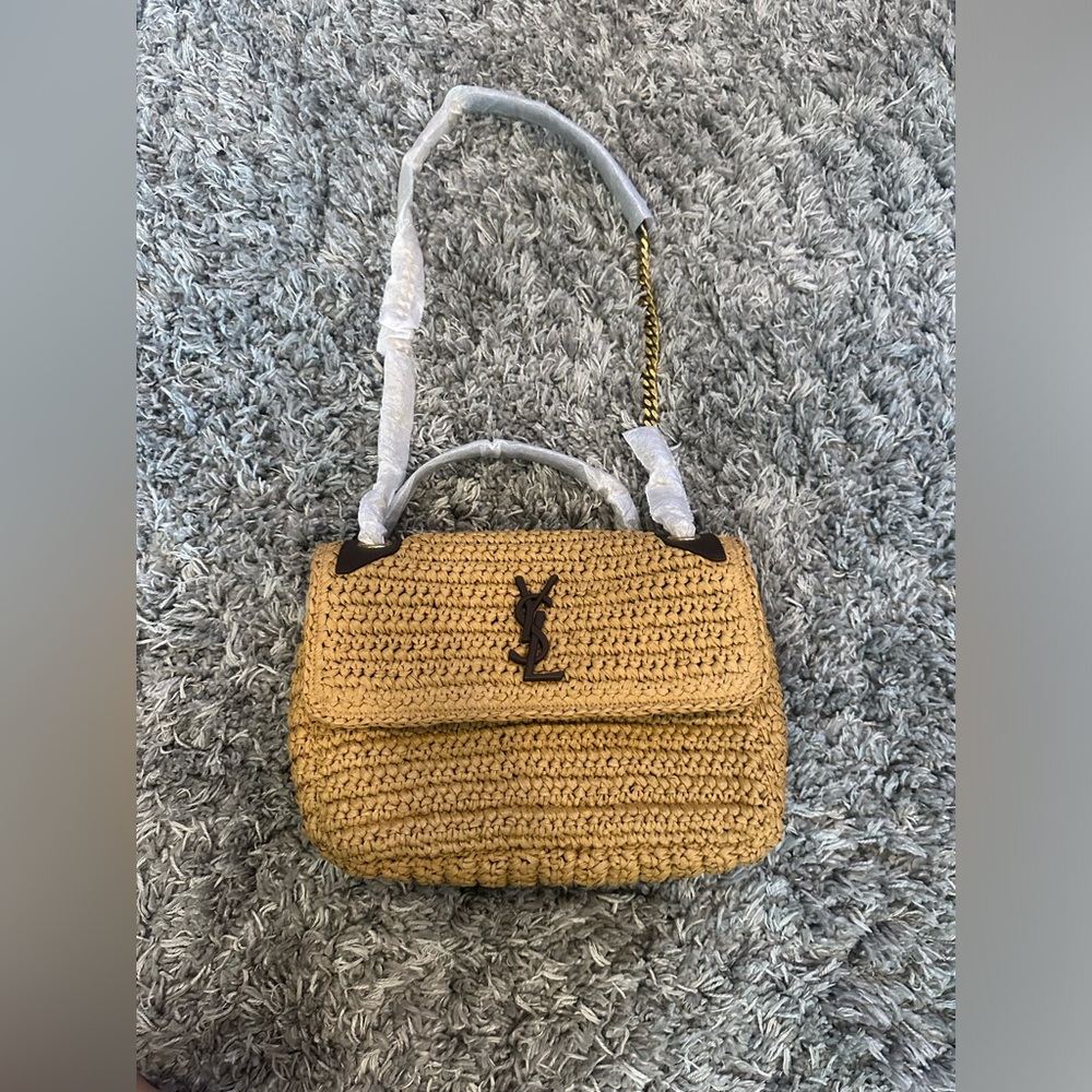 Saint Laurent Niki Medium leather-trimmed raffia shoulder bag
